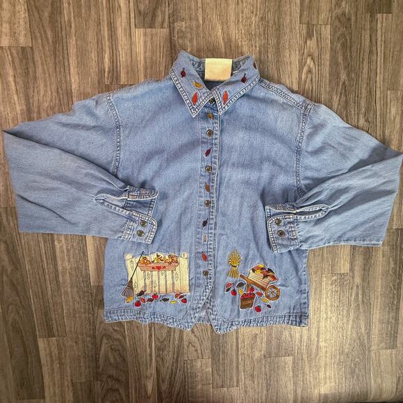 Bill Blass Embroidered Denim Shirt Button Up Women Medium - Picture 1 of 6